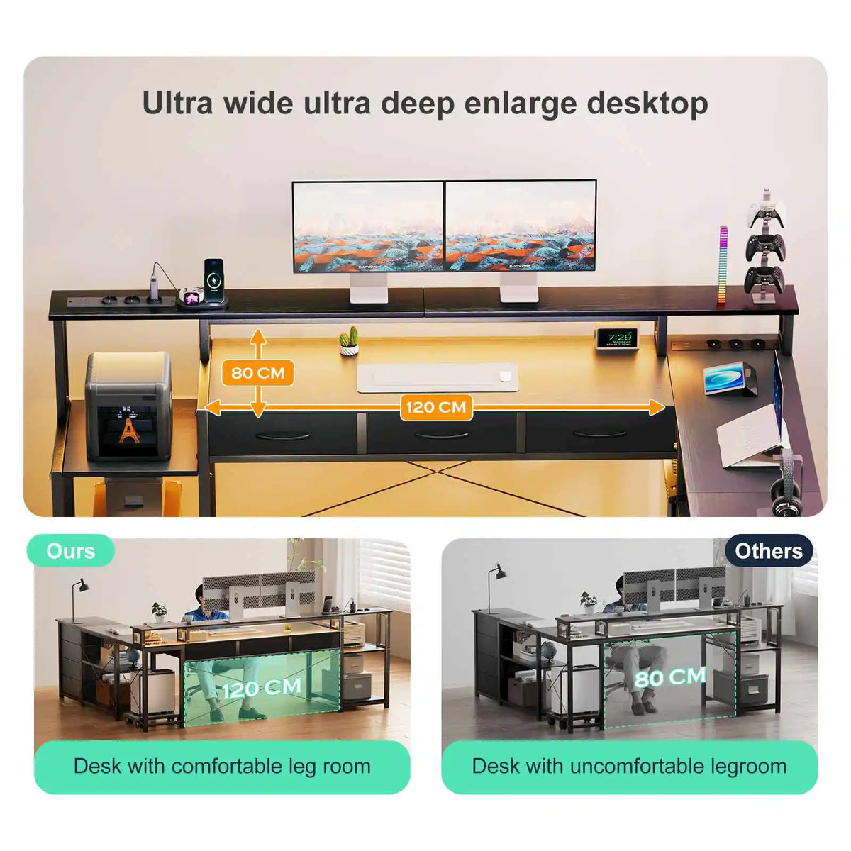 Bureau d'Angle Réversible Noir avec 7 Tiroirs et LED Connectée