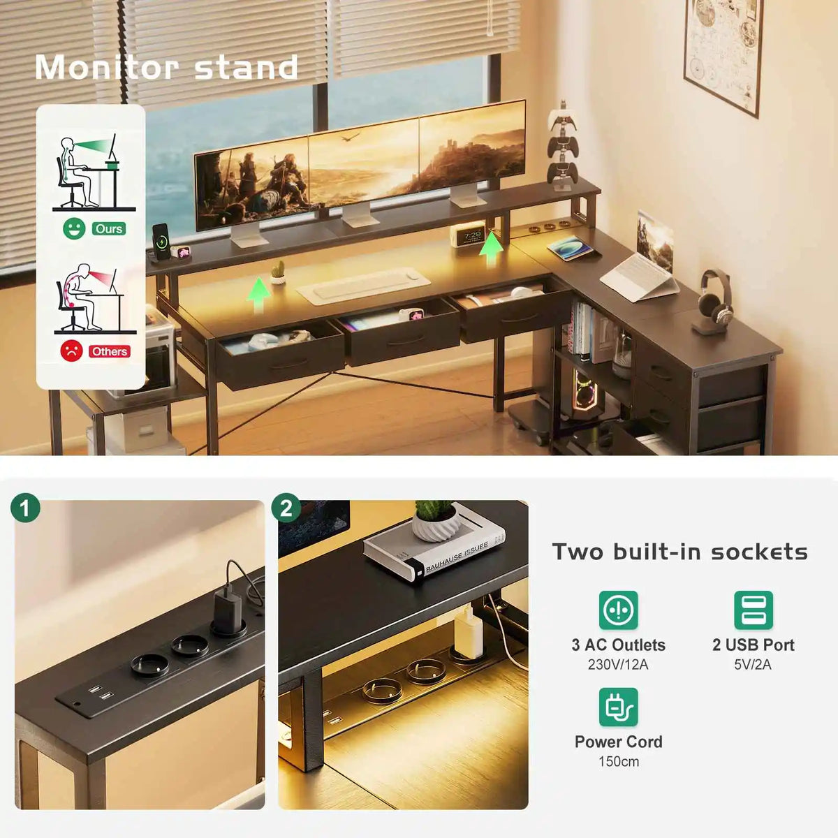 Bureau d'Angle Réversible Noir avec 7 Tiroirs et LED Connectée