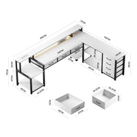 Bureau d'Angle Réversible Noir avec 7 Tiroirs et LED Connectée