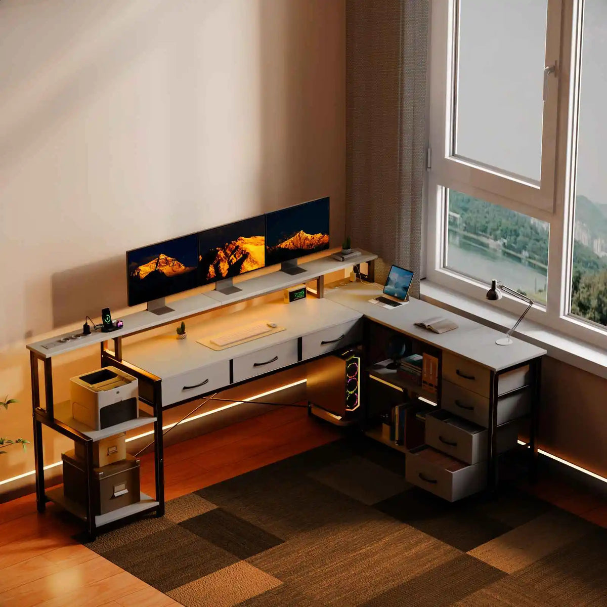 Bureau d'Angle Réversible Noir avec 7 Tiroirs et LED Connectée