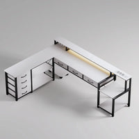 Bureau d'Angle Réversible Noir avec 7 Tiroirs et LED Connectée