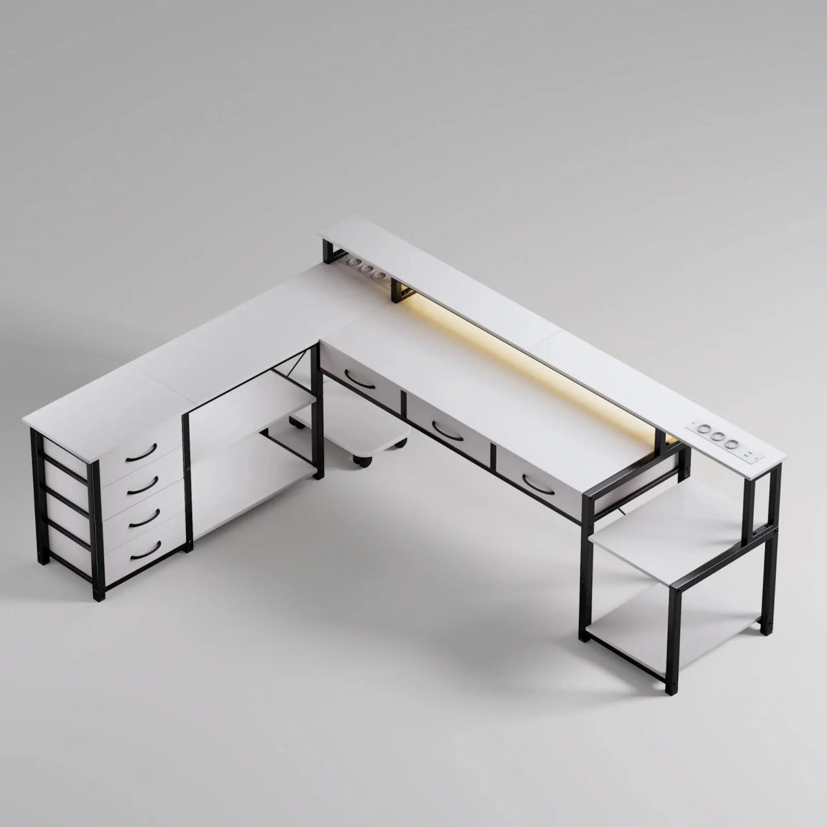 Bureau d'Angle Réversible Noir avec 7 Tiroirs et LED Connectée