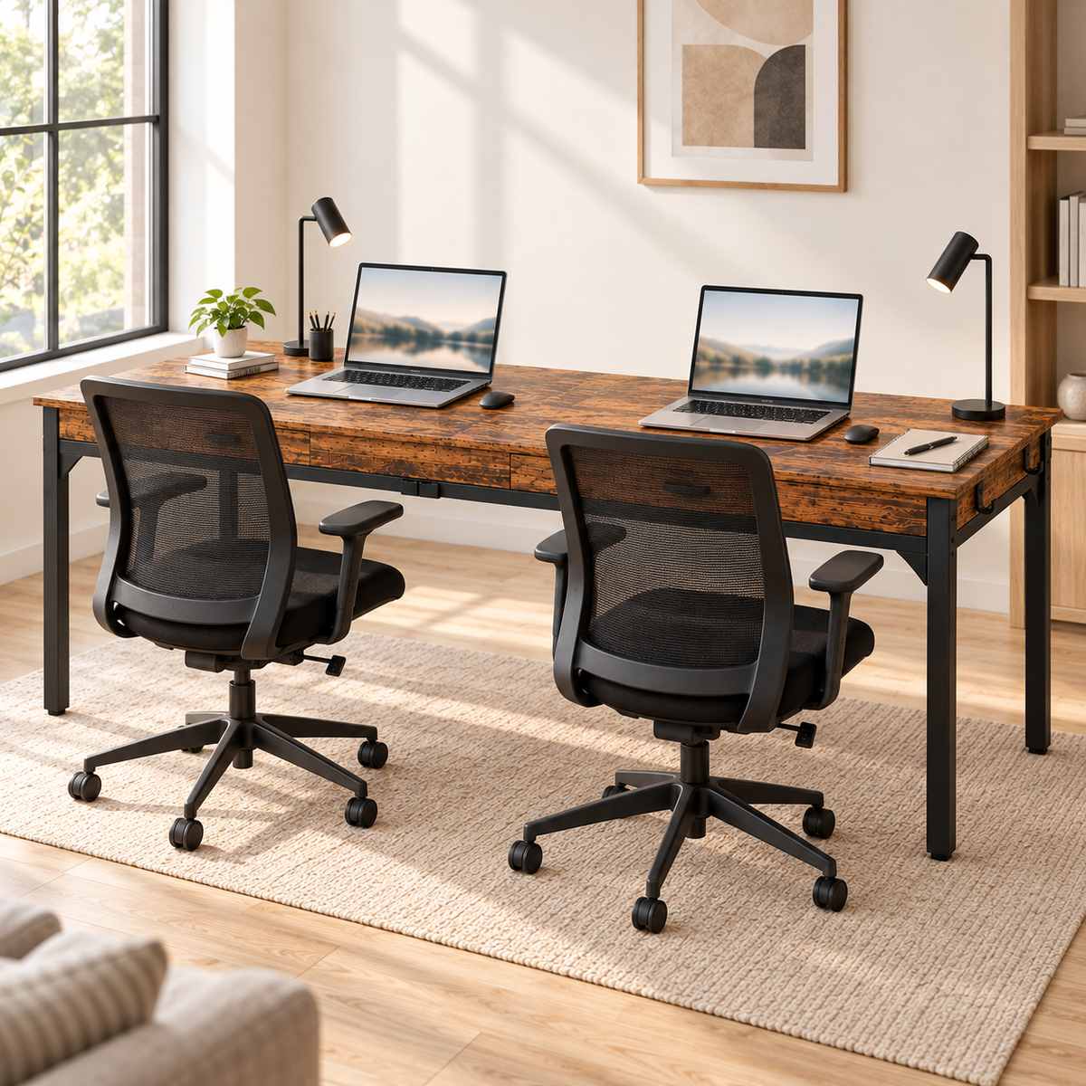 Bureau double 200 cm marron rustique avec deux chaises dans un bureau à domicile lumineux