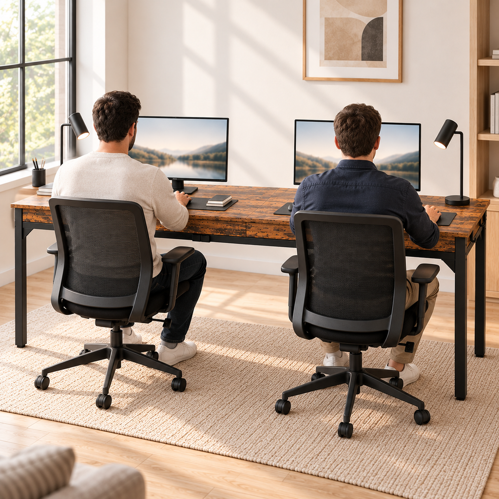 Deux hommes travaillant côte à côte au bureau double 200 cm, vus de dos