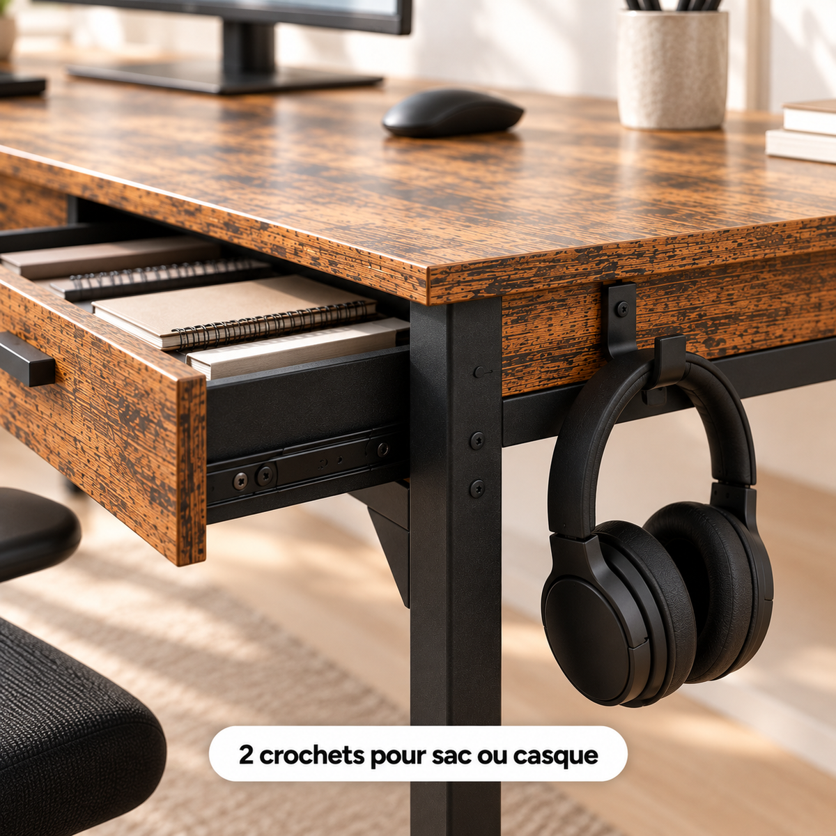 Crochet latéral du bureau double avec un casque suspendu et tiroir entrouvert