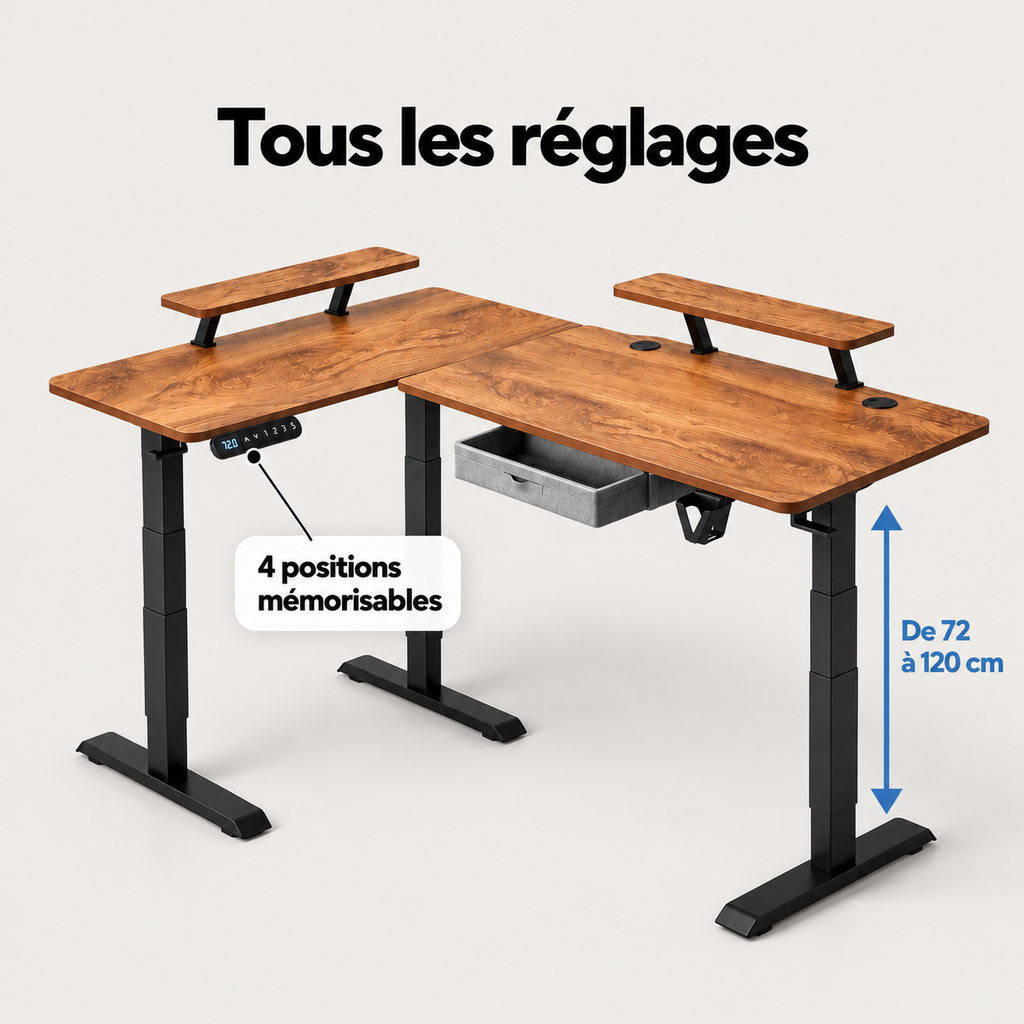 Réglages du bureau d'angle électrique : hauteur de 72 à 120 cm et 4 positions mémorisables