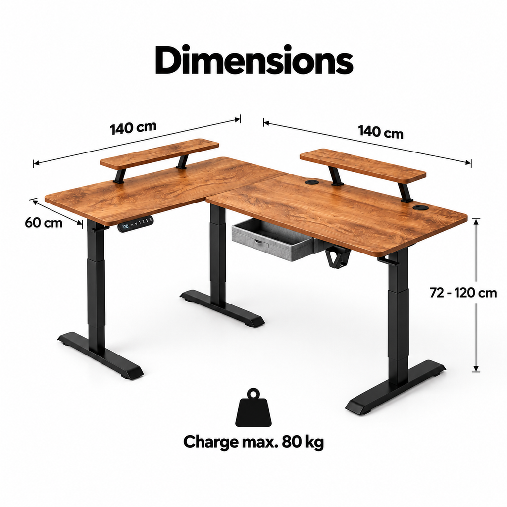 Dimensions du bureau d'angle électrique : 140 x 140 cm, profondeur 60 cm, hauteur 72 à 120 cm, charge max. 80 kg