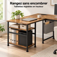 Étagères réglables et sac de rangement latéral du bureau d'angle modulable