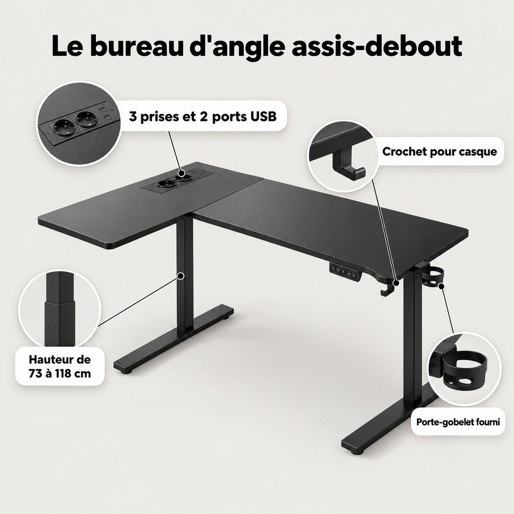 Points forts du bureau d'angle assis-debout : hauteur de 73 à 118 cm, 3 prises et 2 ports USB, crochet pour casque, porte-gobelet