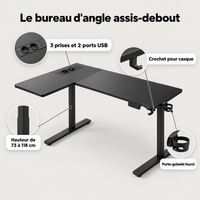 Points forts du bureau d'angle assis-debout : hauteur de 73 à 118 cm, 3 prises et 2 ports USB, crochet pour casque, porte-gobelet