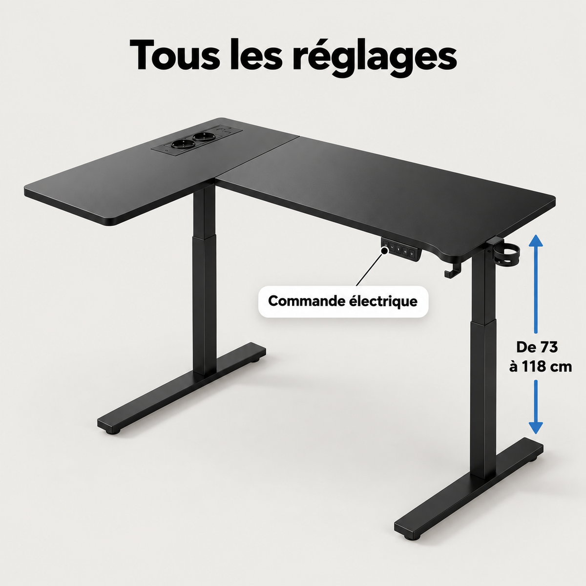 Réglage électrique de la hauteur du bureau d'angle de 73 à 118 cm