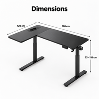 Dimensions du bureau d'angle assis-debout : 160 x 120 cm, hauteur 73 à 118 cm
