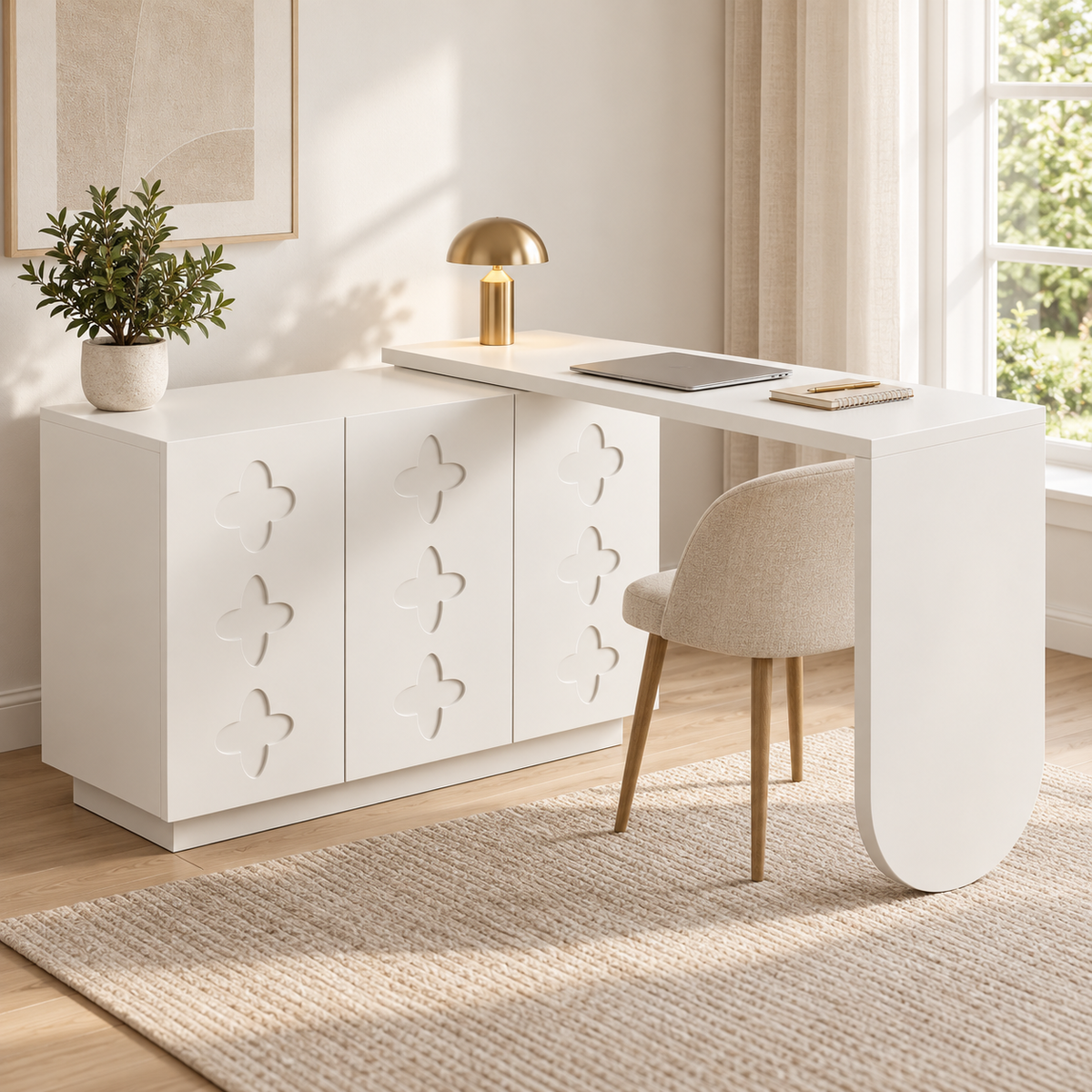 Bureau d'angle pivotant 110 cm blanc ouvert en L dans une pièce lumineuse