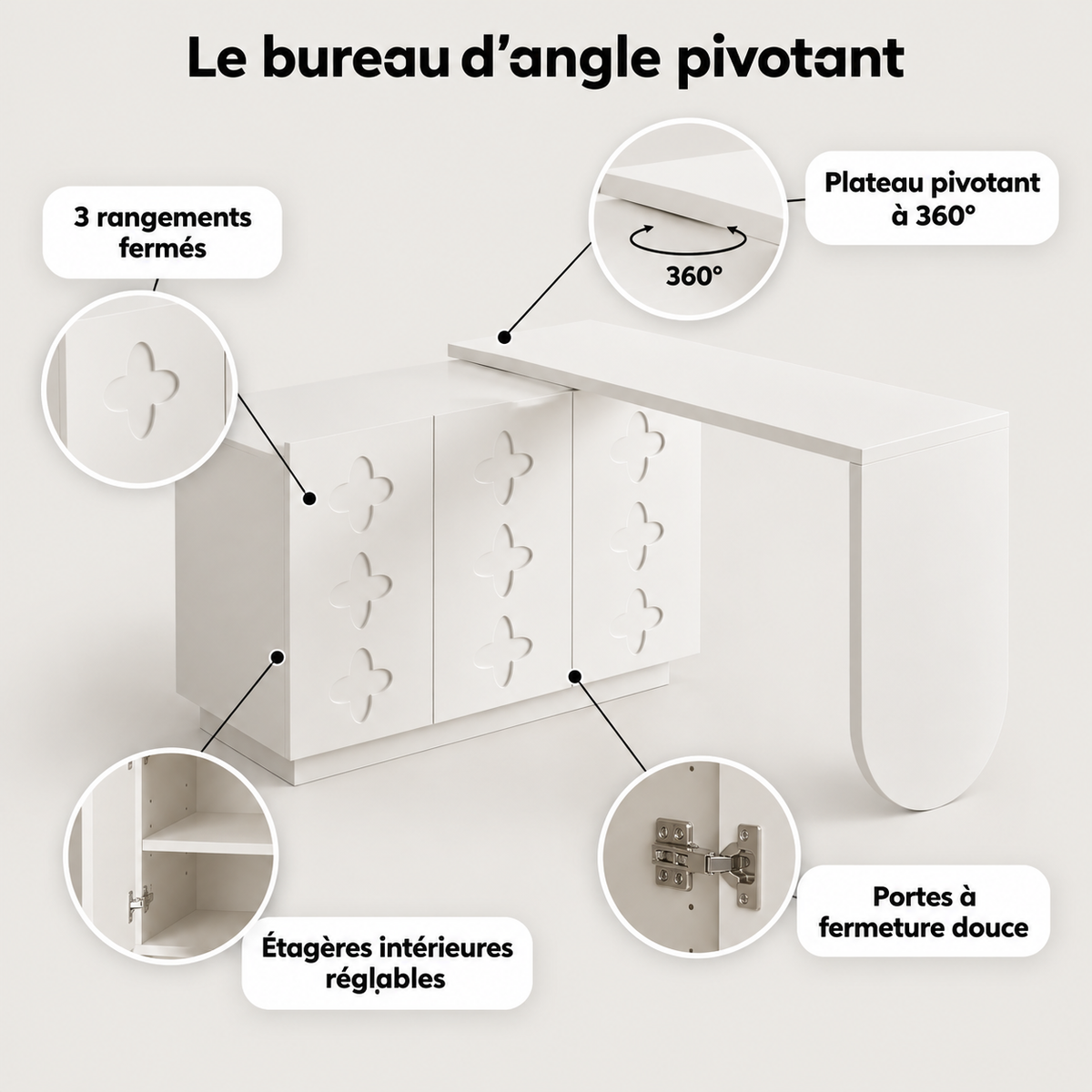 Points forts du bureau d'angle pivotant : plateau pivotant à 360°, 3 rangements fermés, étagères réglables, portes à fermeture douce