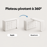 Plateau pivotant à 360° du bureau d'angle blanc : replié ou ouvert en L