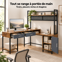 Rangements du bureau d'angle industriel : tiroirs, placard, niches et étagères
