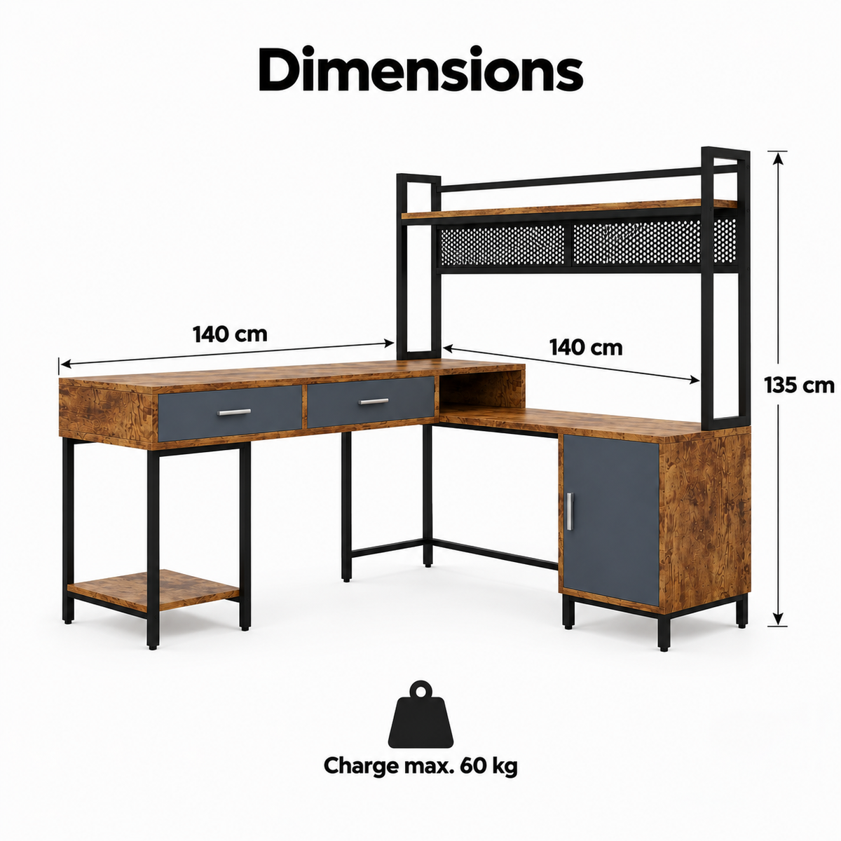 Dimensions du bureau d'angle industriel : 140 x 140 cm, hauteur totale 135 cm, charge max. 60 kg
