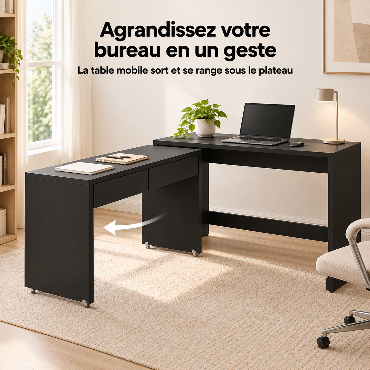 Table mobile du bureau extensible sortie pour agrandir le plan de travail