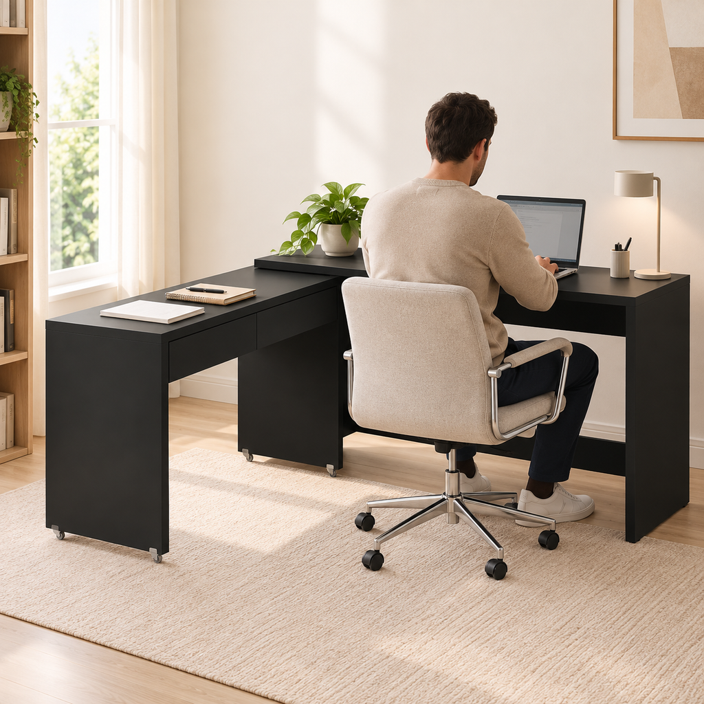 Homme travaillant au bureau extensible noir installé en L, vu de dos