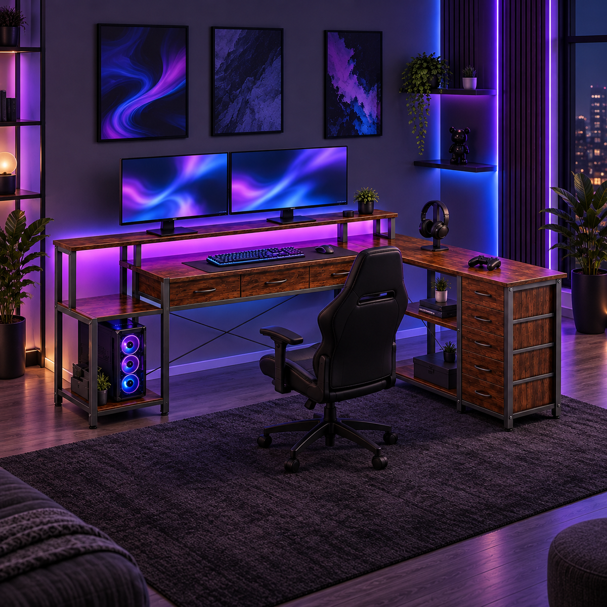 Bureau gaming d'angle 200 cm marron installé dans une chambre gaming éclairée en LED violet et bleu