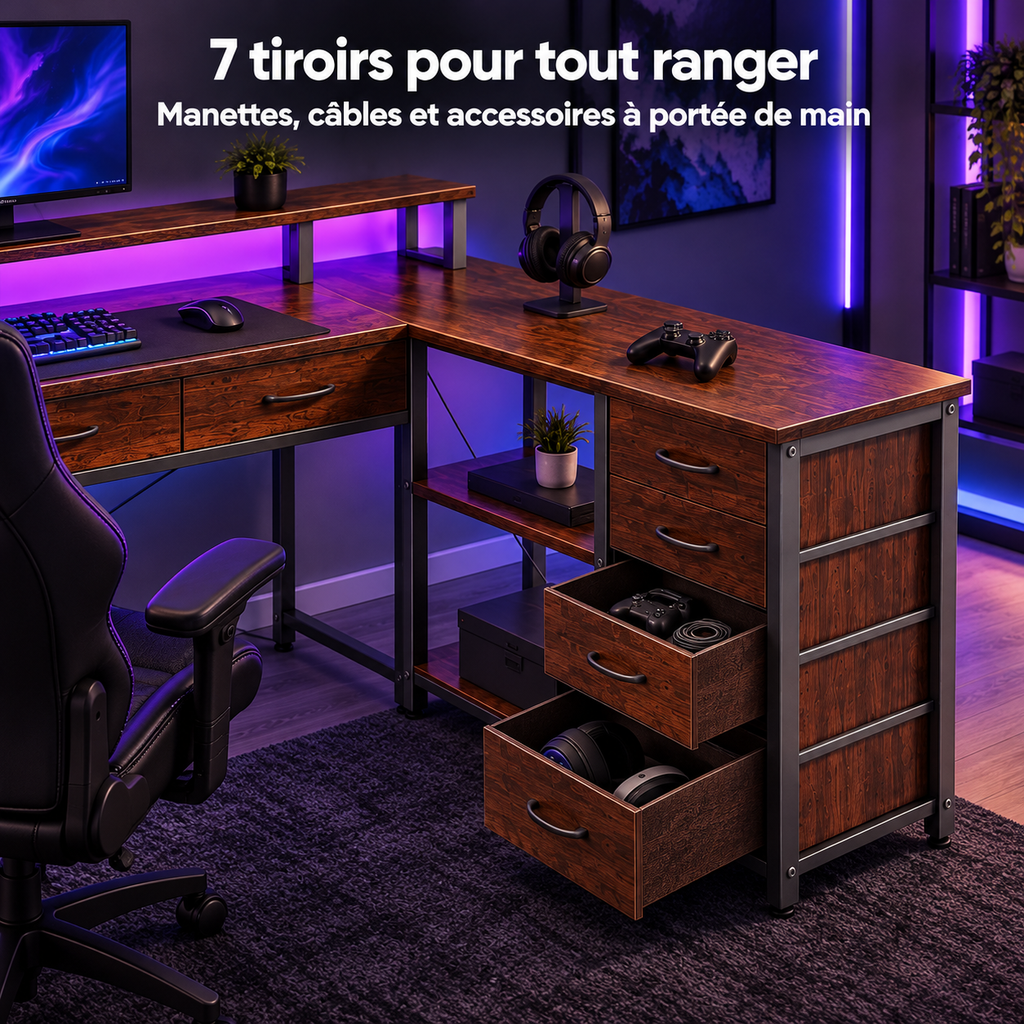 Tiroirs ouverts du bureau gaming d'angle avec manette, câbles et casque rangés