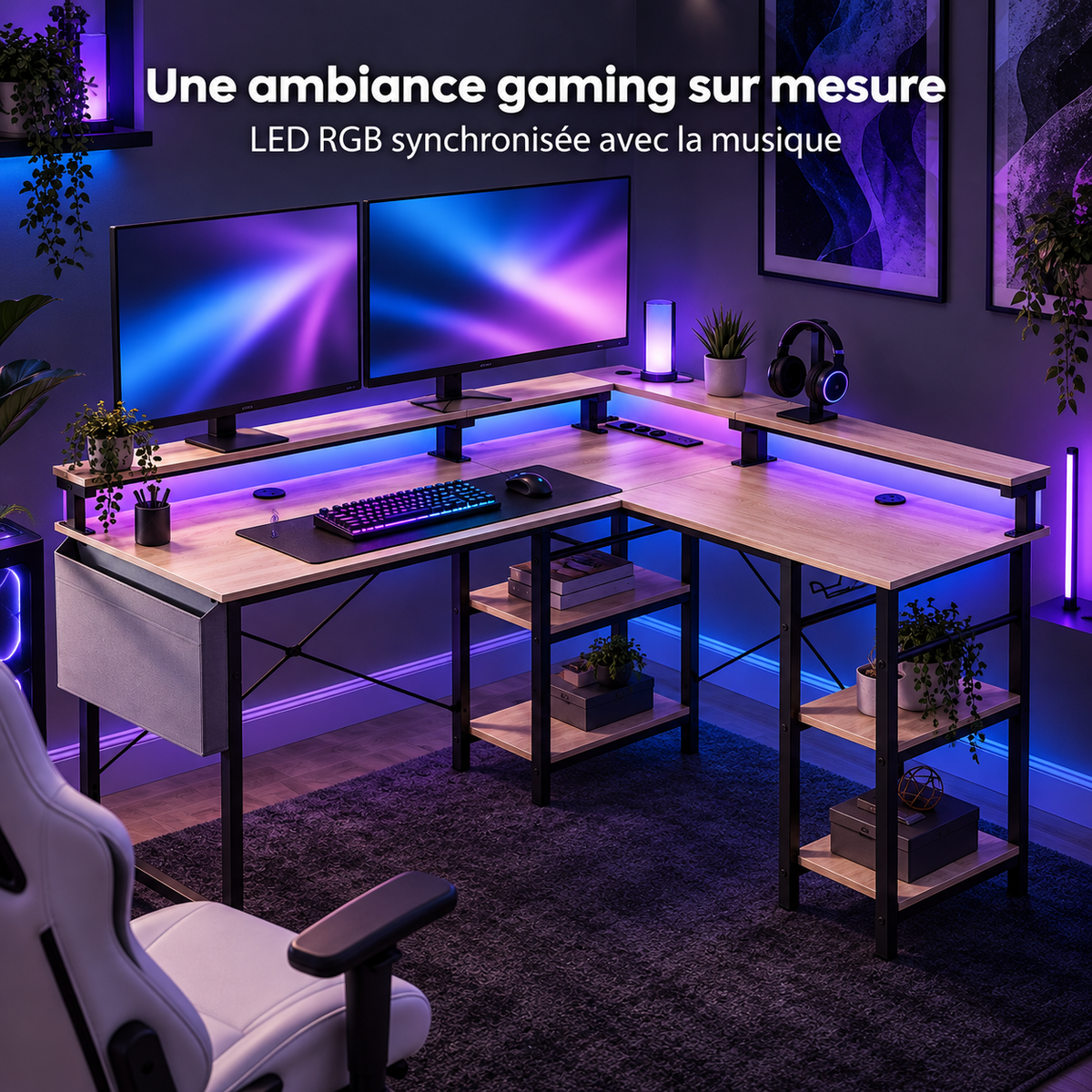 Éclairage LED RGB du bureau d'angle gaming beige synchronisé avec la musique