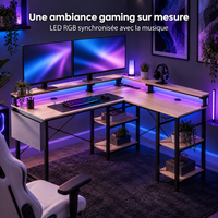 Éclairage LED RGB du bureau d'angle gaming beige synchronisé avec la musique