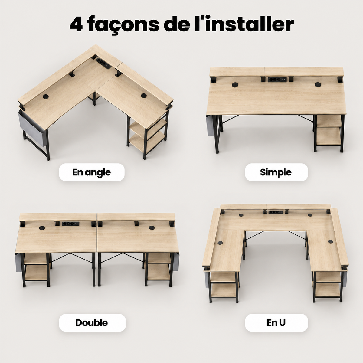 4 façons d'installer le bureau gaming beige : en angle, simple, double ou en U