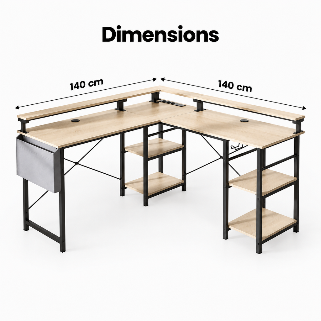Dimensions du bureau d'angle gaming beige : 140 x 140 cm