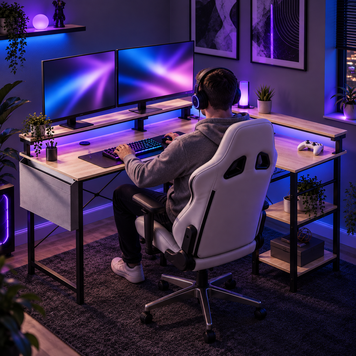 Homme jouant au bureau d'angle gaming beige, vu de dos