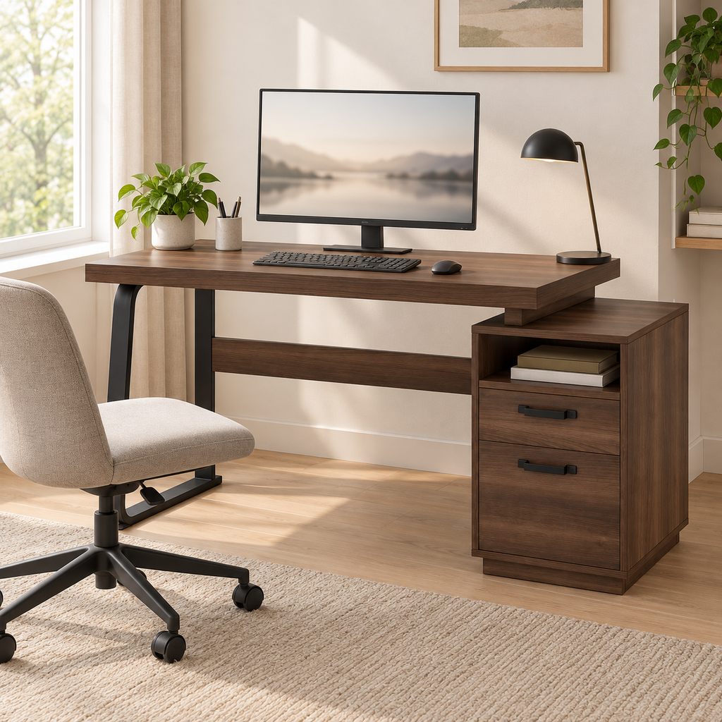 Bureau 135 cm effet noyer installé dans un bureau à domicile lumineux