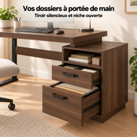 Tiroirs ouverts avec dossiers suspendus et niche de rangement du bureau 135 cm