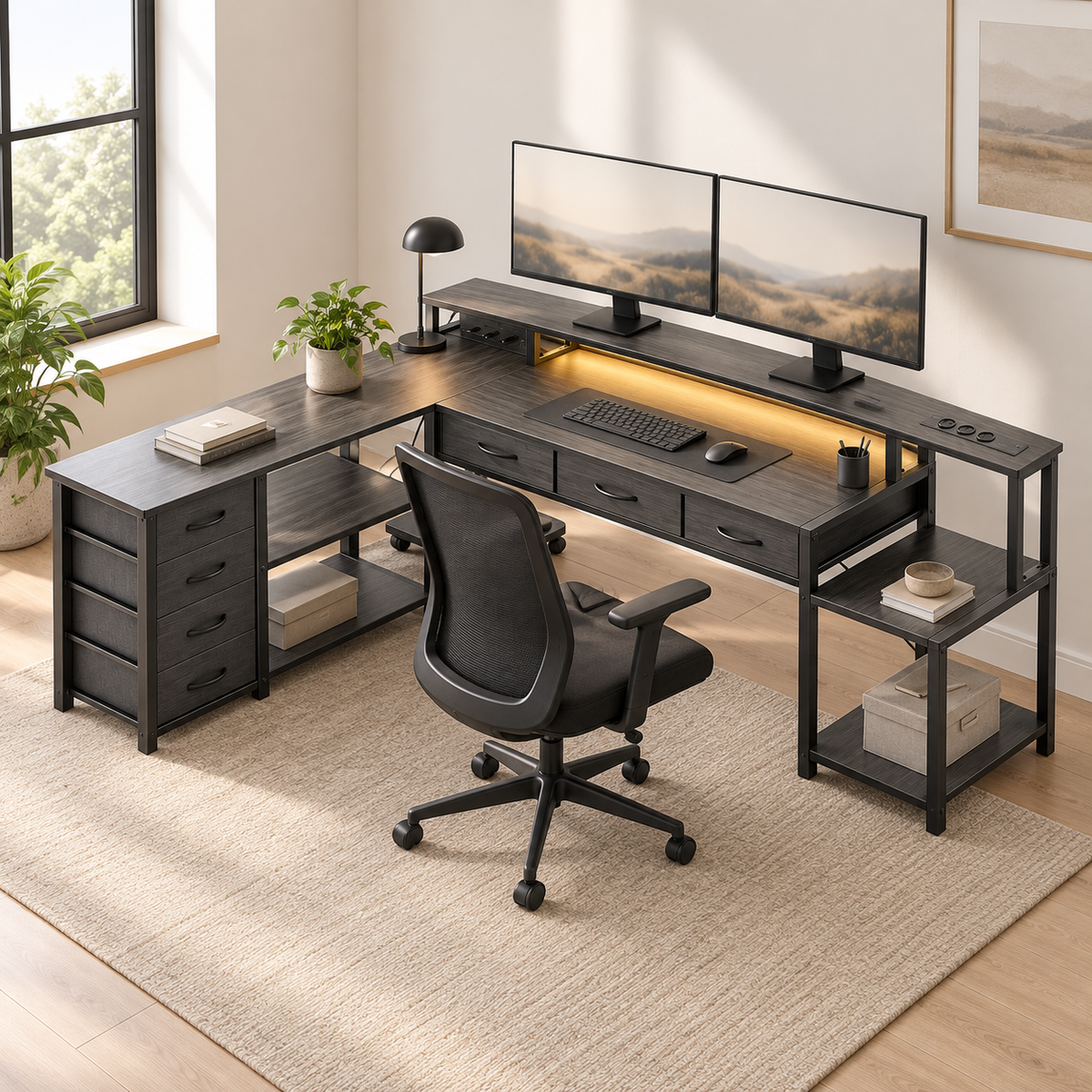 Bureau d'angle en L 200 cm gris foncé installé dans un bureau à domicile lumineux