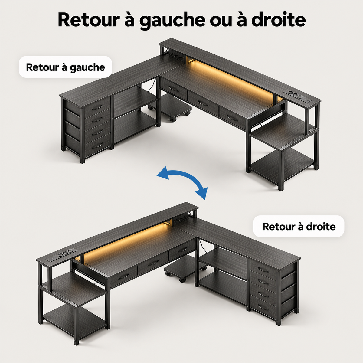 Montage réversible du bureau d'angle 200 cm avec retour à gauche ou à droite