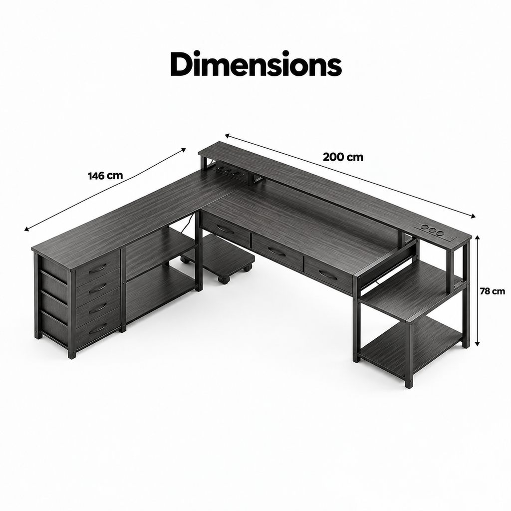 Dimensions du bureau d'angle en L : 200 x 146 cm, hauteur 78 cm