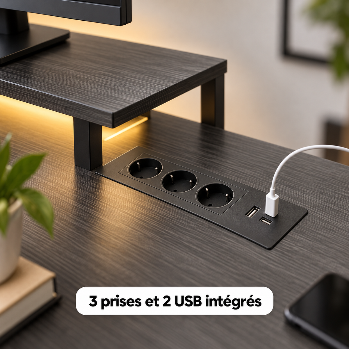 Gros plan sur les 3 prises et 2 ports USB intégrés au plateau gris foncé