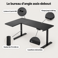 Points forts du bureau d'angle assis-debout : hauteur de 73 à 118 cm, 3 positions mémorisées, charge jusqu'à 100 kg, 2 prises et 2 ports USB