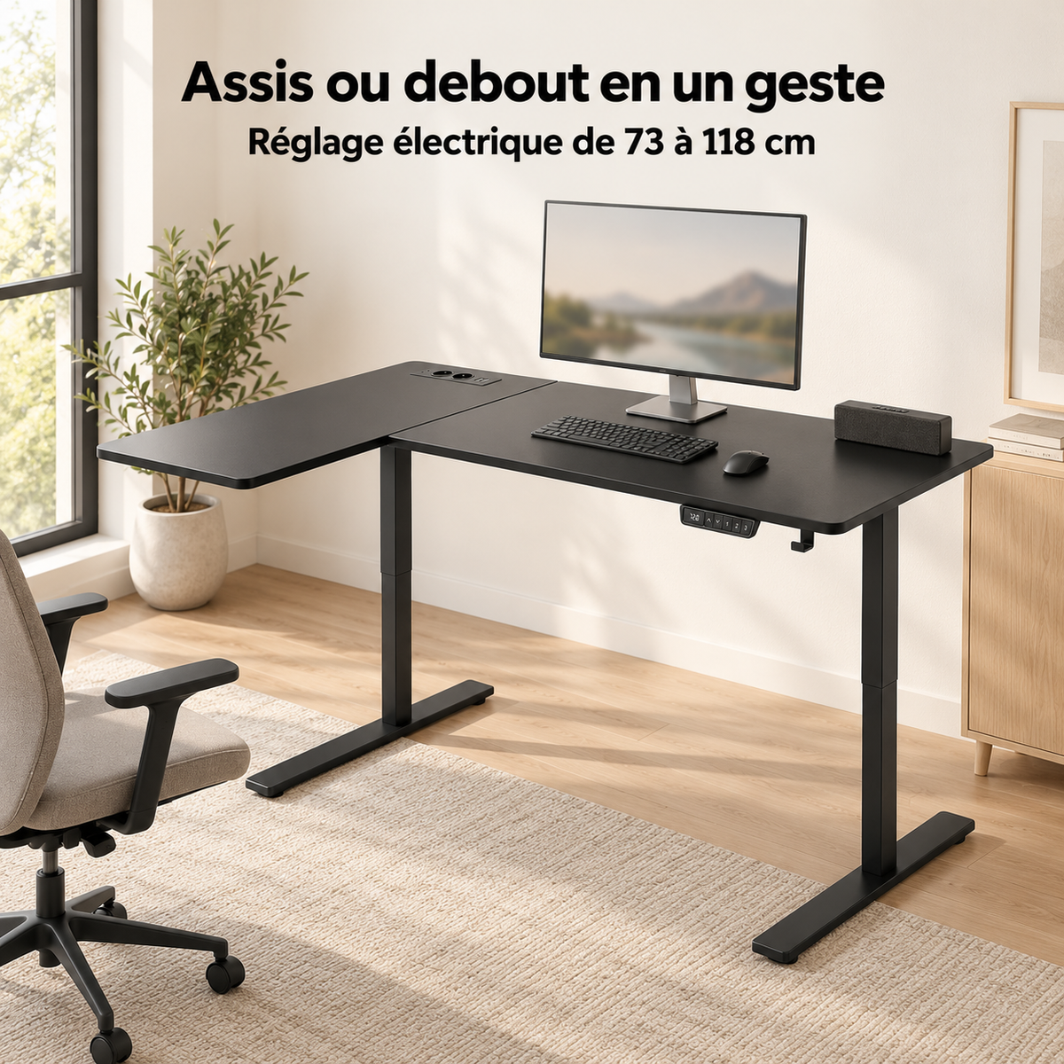 Bureau d'angle électrique 160 x 120 cm noir relevé en position debout