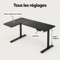 Réglages du bureau d'angle électrique : hauteur de 73 à 118 cm, 3 mémoires, retour à gauche ou à droite