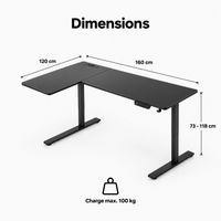 Dimensions du bureau d'angle électrique : 160 x 120 cm, hauteur 73 à 118 cm, charge max. 100 kg