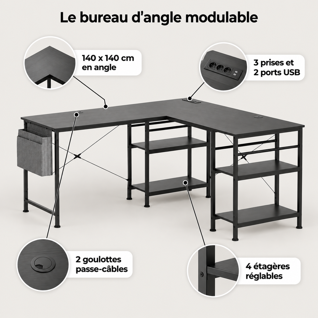 Points forts du bureau d'angle modulable noir : 140 x 140 cm, 3 prises et 2 ports USB, 4 étagères réglables, 2 goulottes passe-câbles