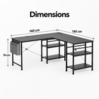 Dimensions du bureau d'angle noir : 140 x 140 cm, hauteur 74 cm