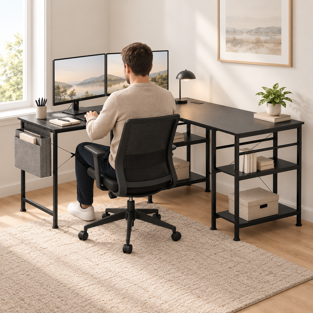 Homme travaillant au bureau d'angle noir devant deux écrans, vu de dos