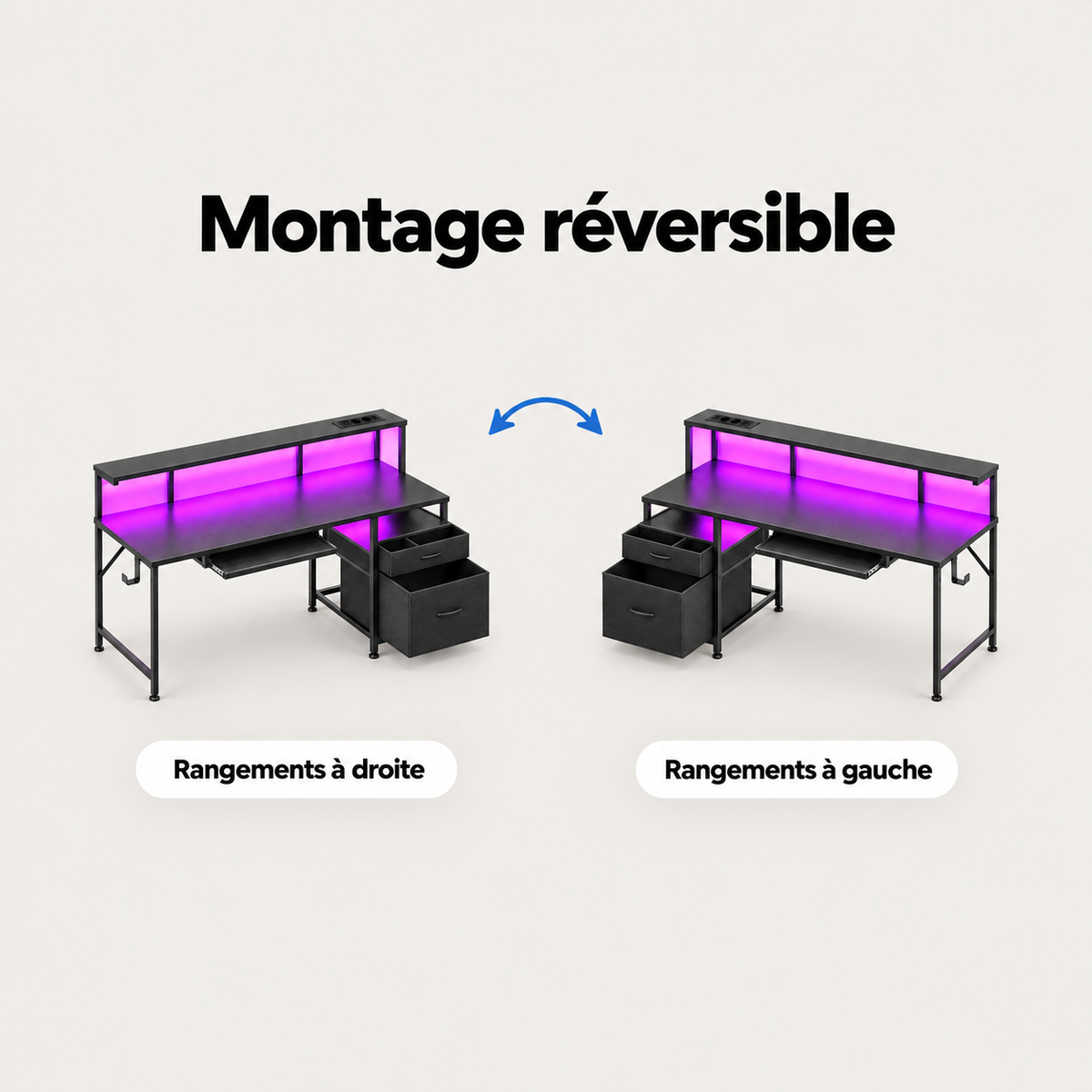 Montage réversible du bureau gaming 140 cm avec rangements à droite ou à gauche