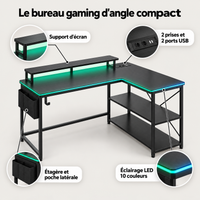 Points forts du bureau gaming d'angle compact : éclairage LED 10 couleurs, 2 prises et 2 ports USB, support d'écran, étagère et poche latérale
