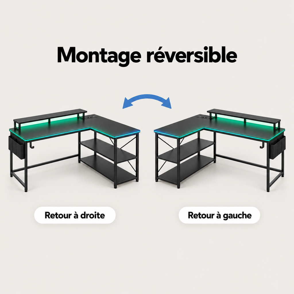 Montage réversible du bureau gaming compact avec retour à droite ou à gauche