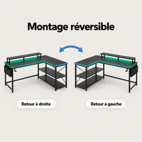 Montage réversible du bureau gaming compact avec retour à droite ou à gauche