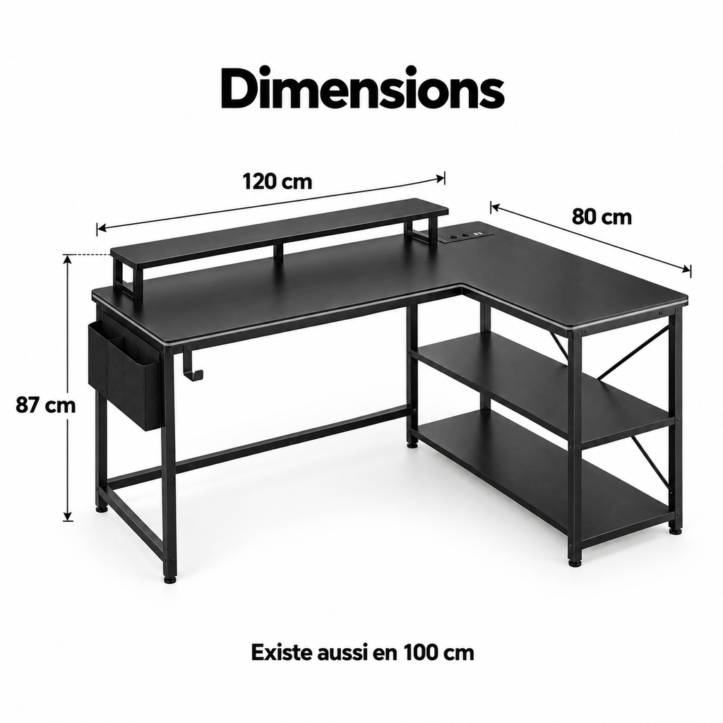 Dimensions du bureau gaming d'angle compact : 120 x 80 cm, hauteur 87 cm, existe aussi en 100 cm