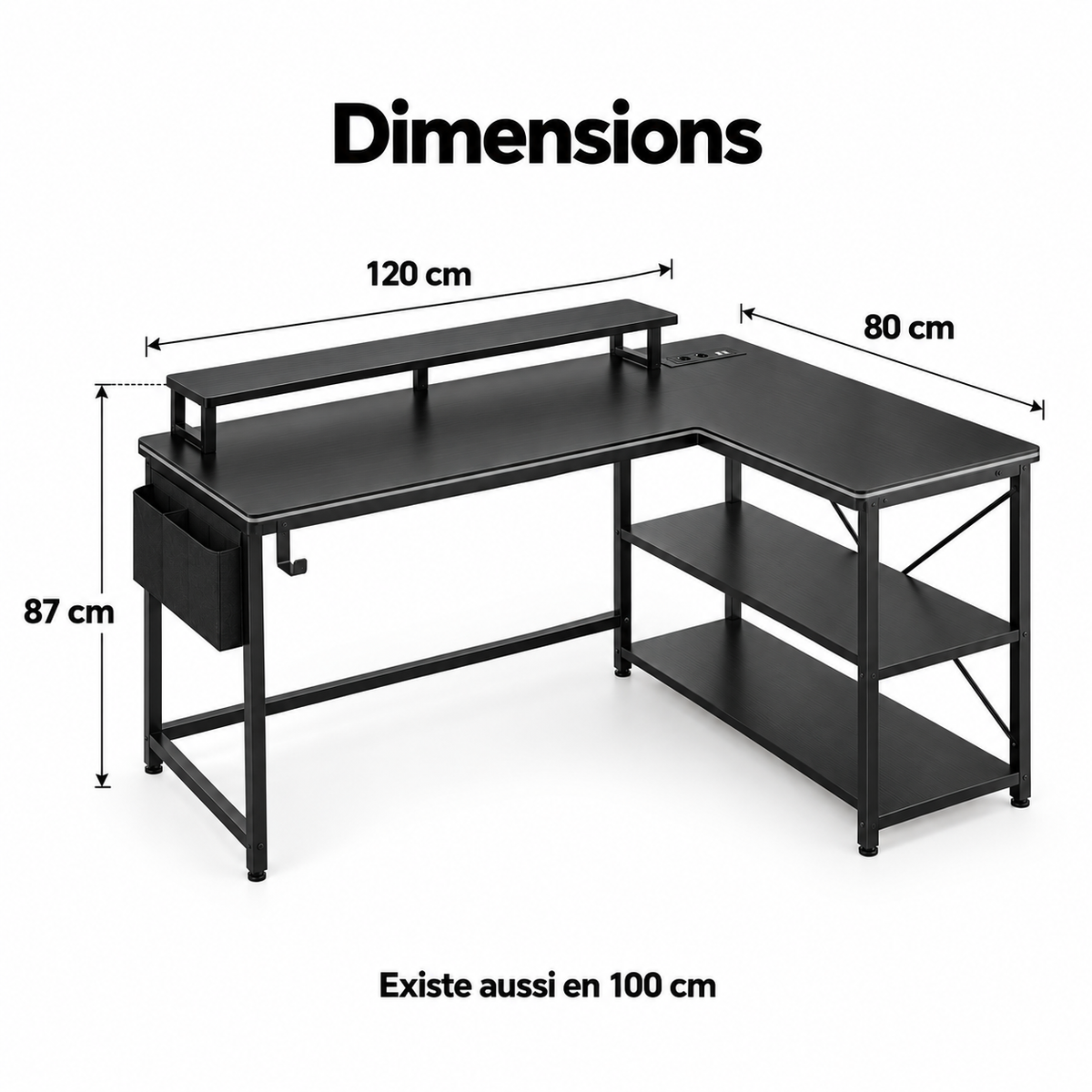 Dimensions du bureau gaming d'angle compact : 120 x 80 cm, hauteur 87 cm, existe aussi en 100 cm