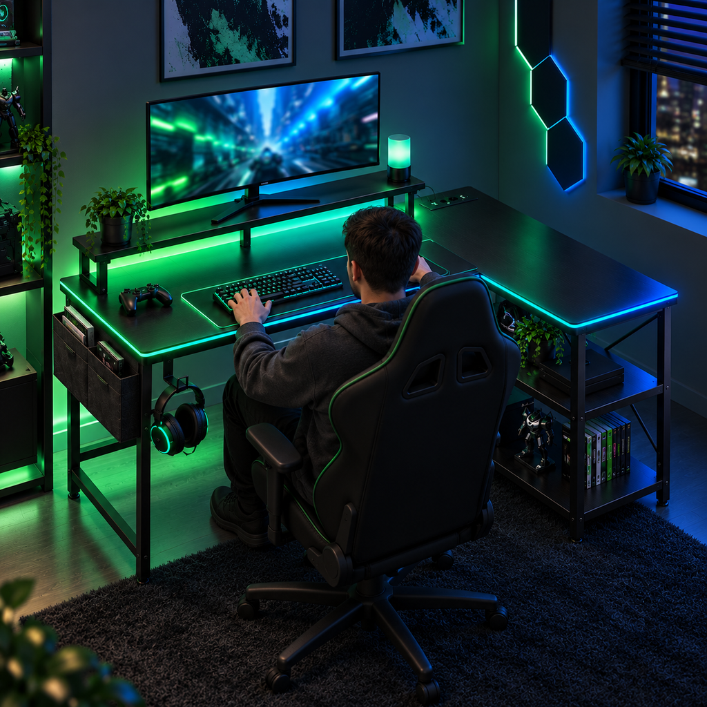 Homme jouant au bureau gaming d'angle compact, vu de dos